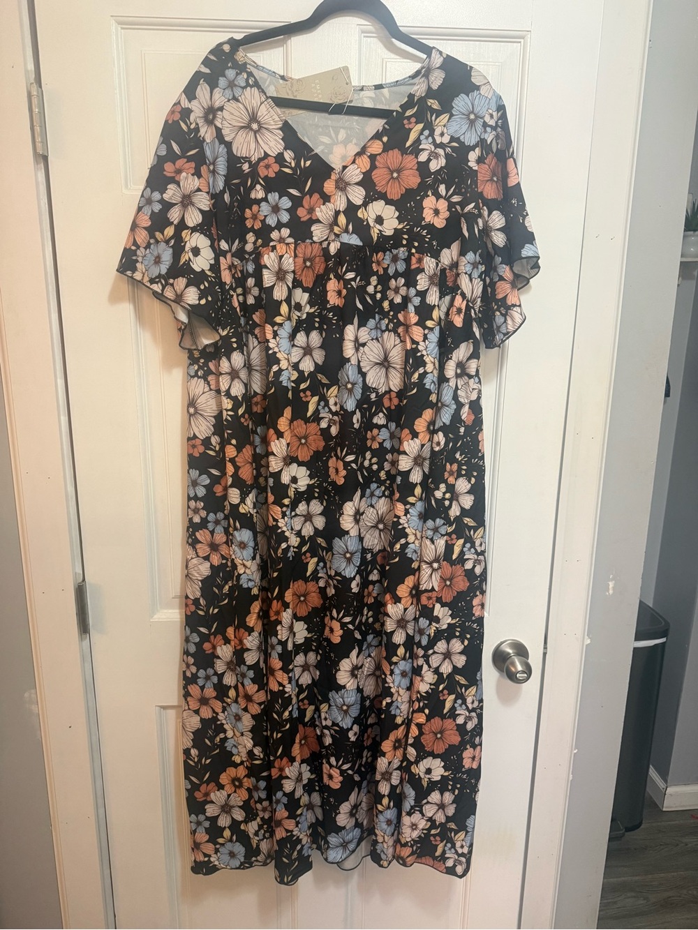 Black Floral Maxi Dress with Peach & Blue Blooms